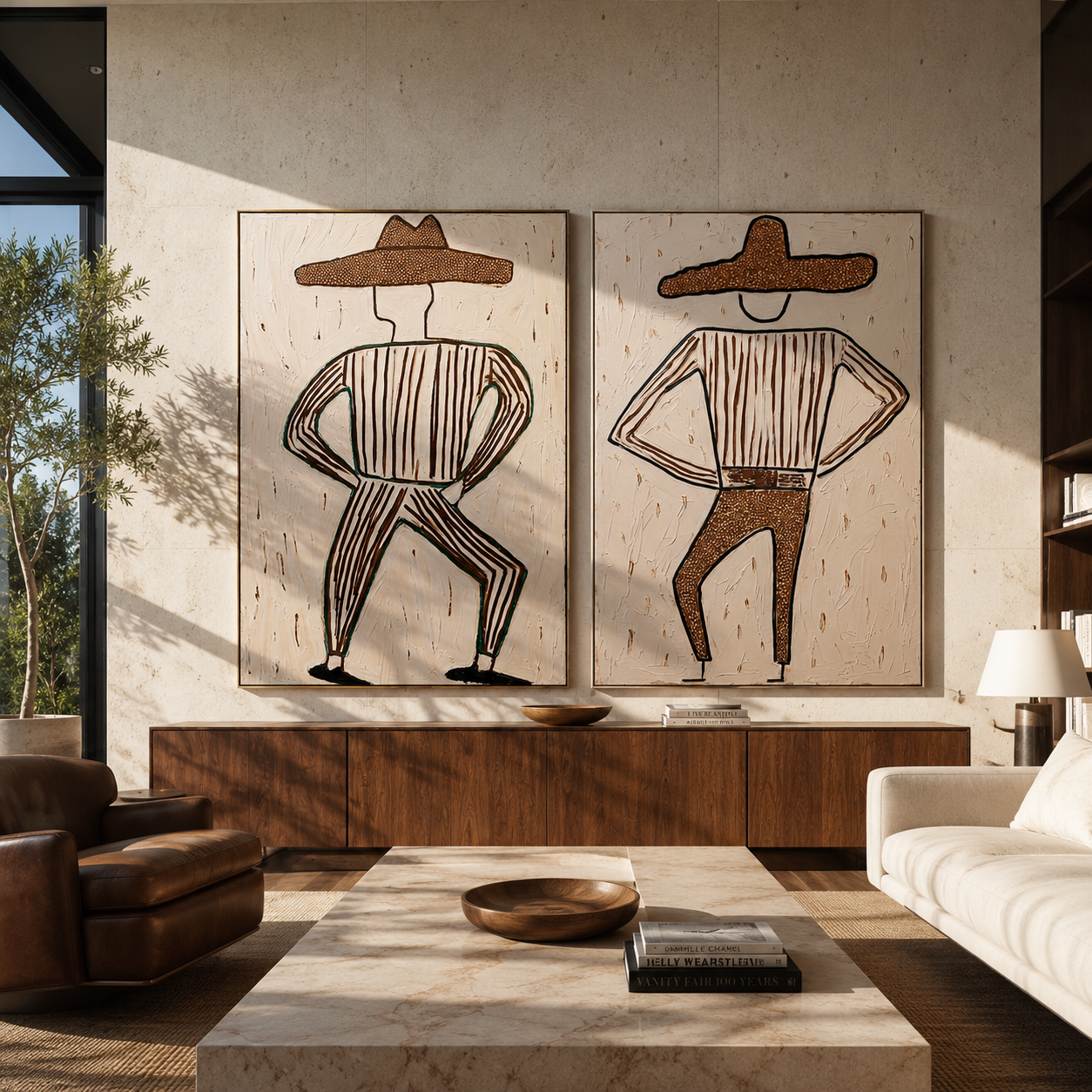 Bent Knees Mark Rhythm - dancing cowboy figures by Elliot Vale, modern figurative set of 2 wall art - styled room scene view 4