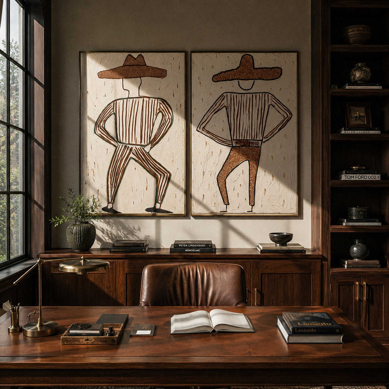 Bent Knees Mark Rhythm - dancing cowboy figures by Elliot Vale, modern figurative set of 2 wall art - styled room scene view 5