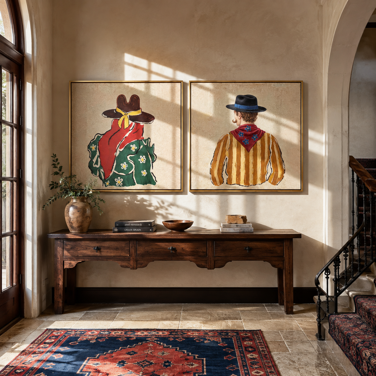 Bandanas Turn Their Backs - back view cowboy pair by Elliot Vale, modern figurative set of 2 wall art - styled room scene view 1