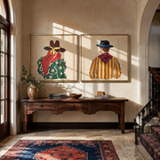Bandanas Turn Their Backs - back view cowboy pair by Elliot Vale, modern figurative set of 2 wall art - styled room scene view 1