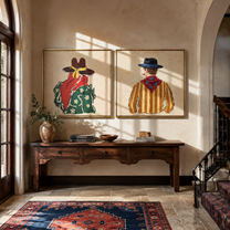 Bandanas Turn Their Backs - back view cowboy pair by Elliot Vale, modern figurative set of 2 wall art - styled room scene view 1