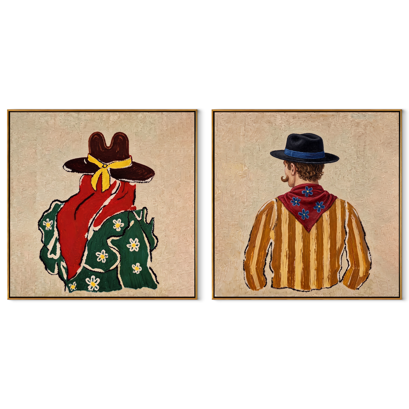 Bandanas Turn Their Backs - back view cowboy pair by Elliot Vale, modern figurative set of 2 wall art - complete two-panel artwork set on white background