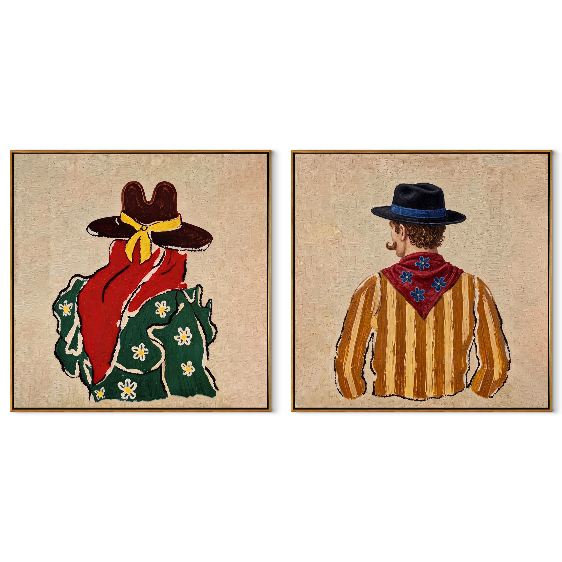 Bandanas Turn Their Backs - back view cowboy pair by Elliot Vale, modern figurative set of 2 wall art - complete two-panel artwork set on white background