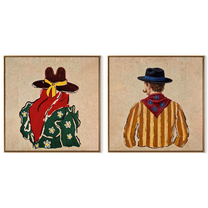 Bandanas Turn Their Backs - back view cowboy pair by Elliot Vale, modern figurative set of 2 wall art - complete two-panel artwork set on white background