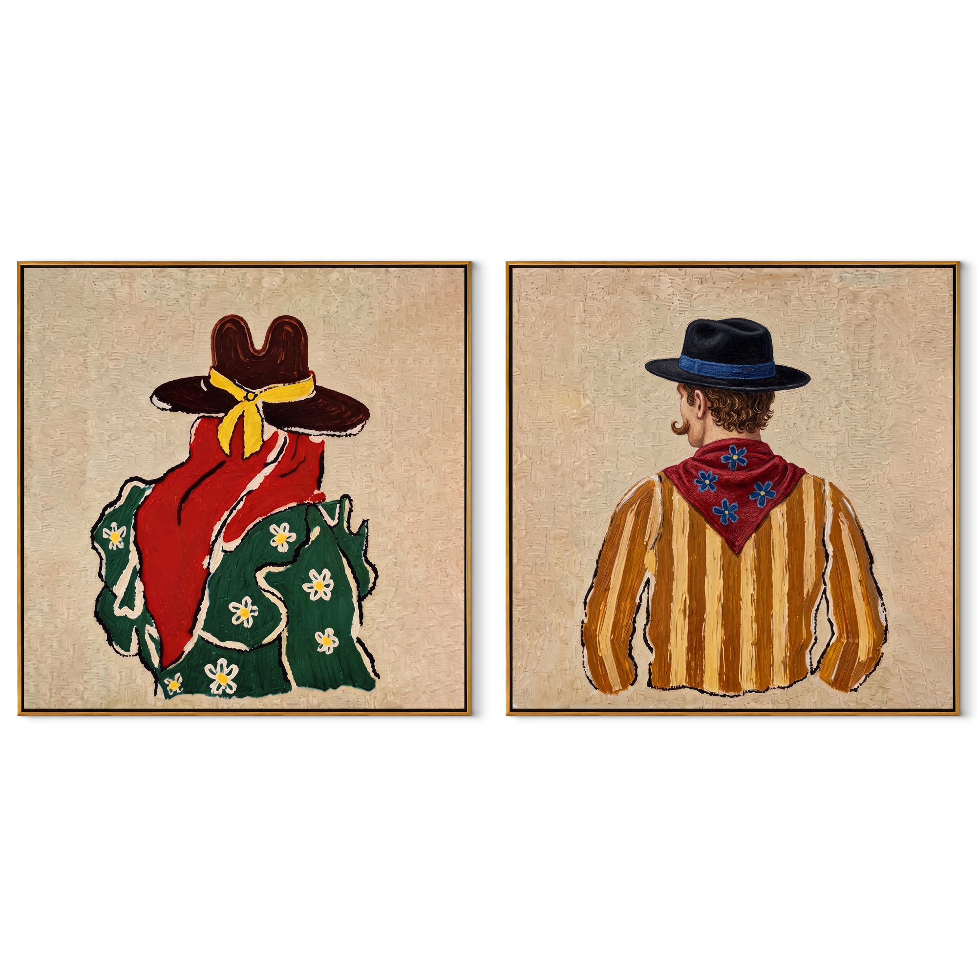 Bandanas Turn Their Backs - back view cowboy pair by Elliot Vale, modern figurative set of 2 wall art - complete two-panel artwork set on white background