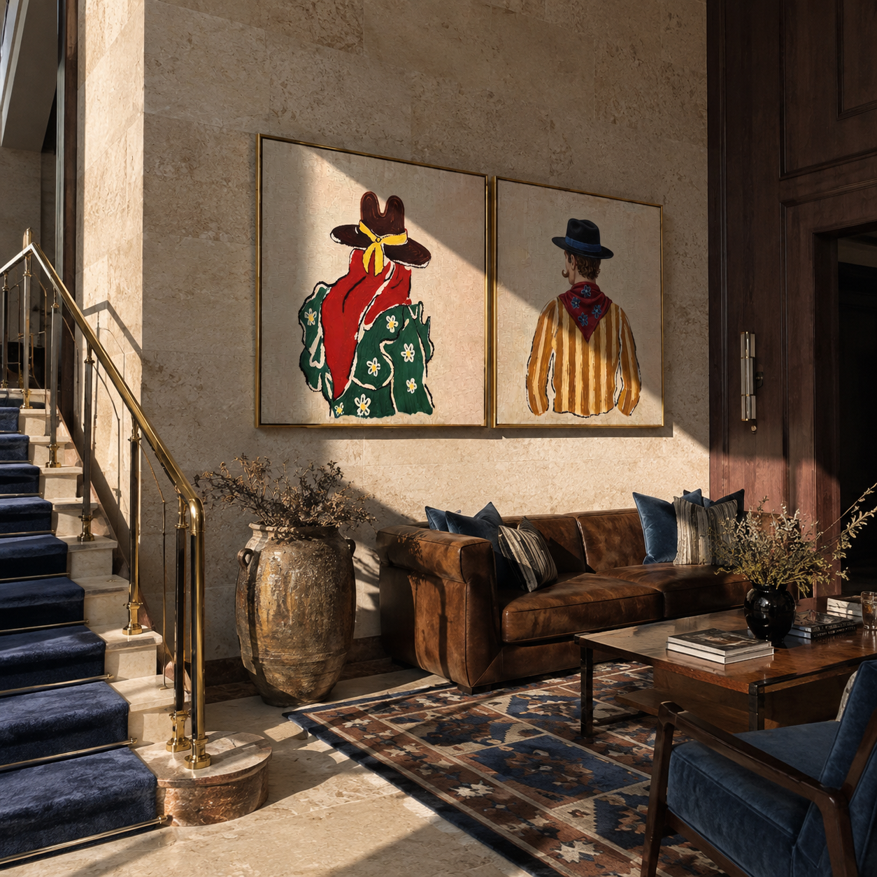 Bandanas Turn Their Backs - back view cowboy pair by Elliot Vale, modern figurative set of 2 wall art - styled room scene view 2