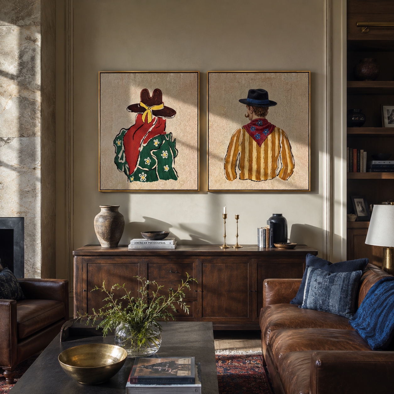Bandanas Turn Their Backs - back view cowboy pair by Elliot Vale, modern figurative set of 2 wall art - styled room scene view 3