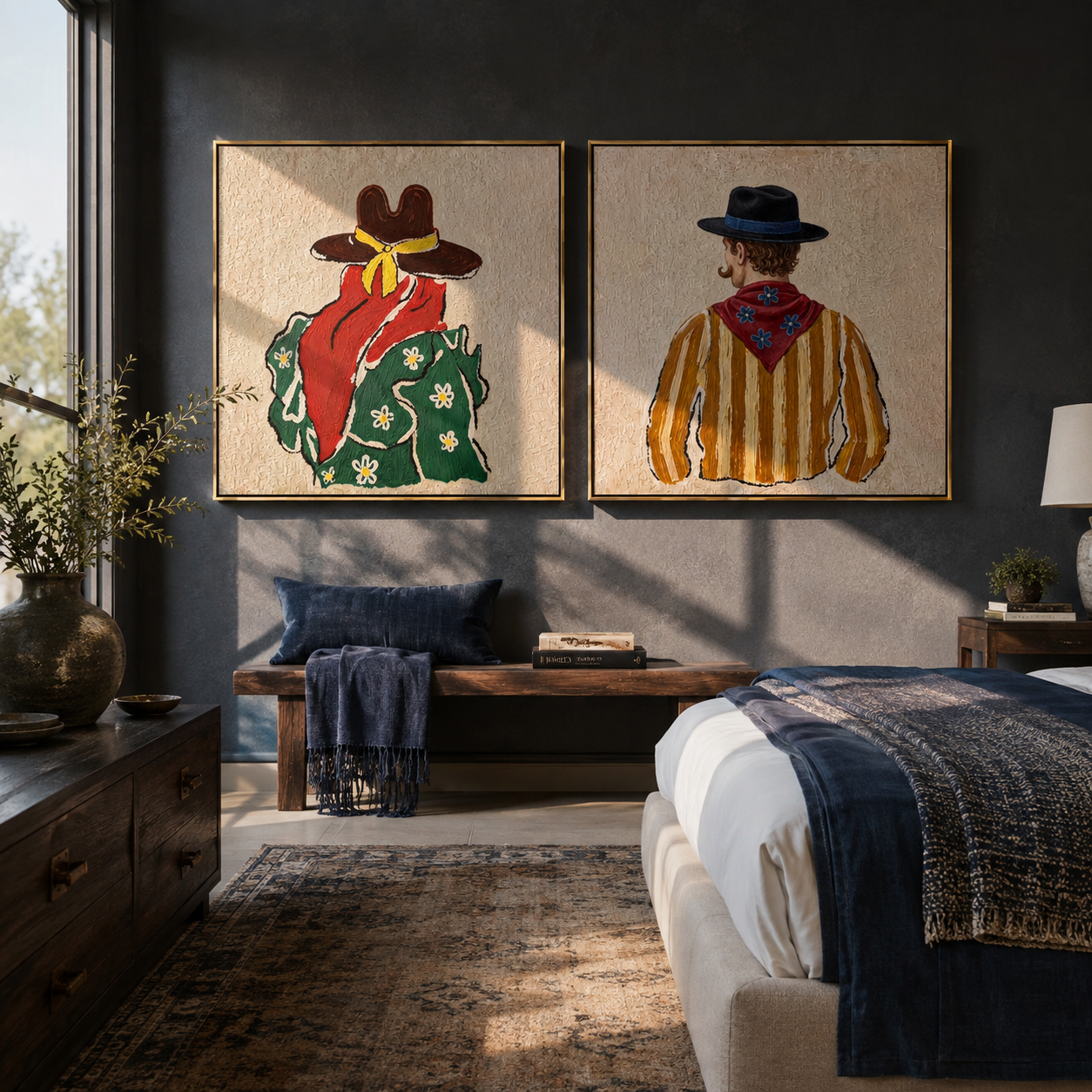 Bandanas Turn Their Backs - back view cowboy pair by Elliot Vale, modern figurative set of 2 wall art - styled room scene view 4