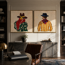 Bandanas Turn Their Backs - back view cowboy pair by Elliot Vale, modern figurative set of 2 wall art - styled room scene view 5