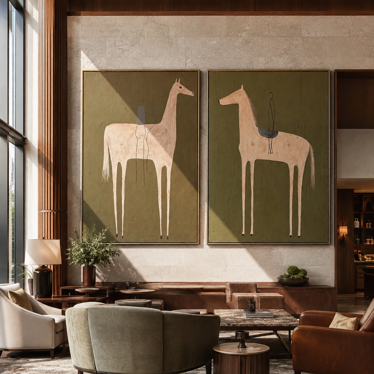 Pale Horses Carry Threads - threaded horse pair by Elliot Vale, modern figurative set of 2 wall art - styled room scene view 1