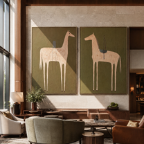 Pale Horses Carry Threads - threaded horse pair by Elliot Vale, modern figurative set of 2 wall art - styled room scene view 1