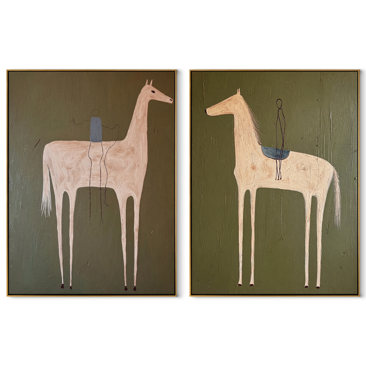 Pale Horses Carry Threads - threaded horse pair by Elliot Vale, modern figurative set of 2 wall art - complete two-panel artwork set on white background