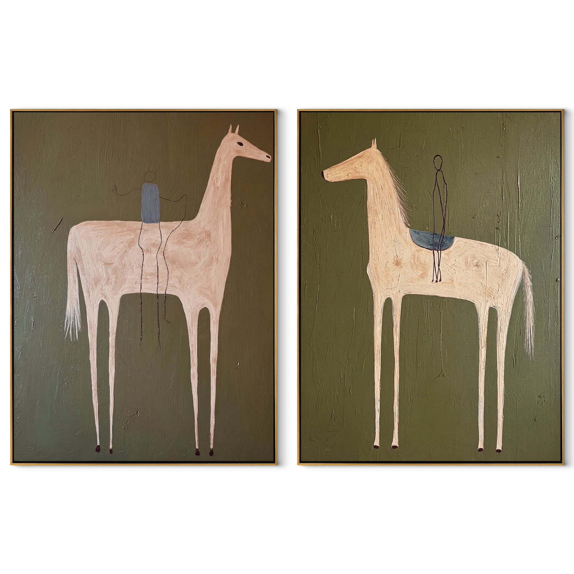 Pale Horses Carry Threads - threaded horse pair by Elliot Vale, modern figurative set of 2 wall art - complete two-panel artwork set on white background