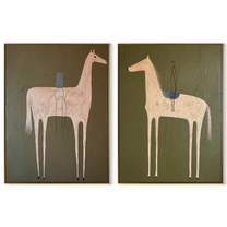 Pale Horses Carry Threads - threaded horse pair by Elliot Vale, modern figurative set of 2 wall art - complete two-panel artwork set on white background