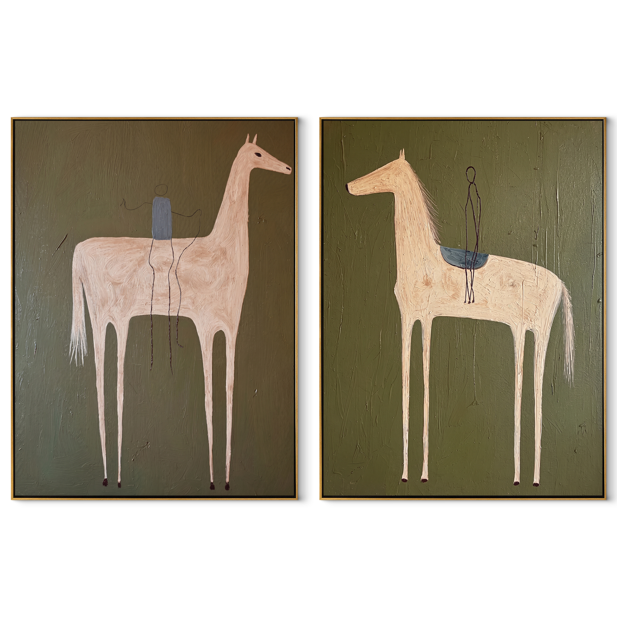 Pale Horses Carry Threads - threaded horse pair by Elliot Vale, modern figurative set of 2 wall art - complete two-panel artwork set on white background