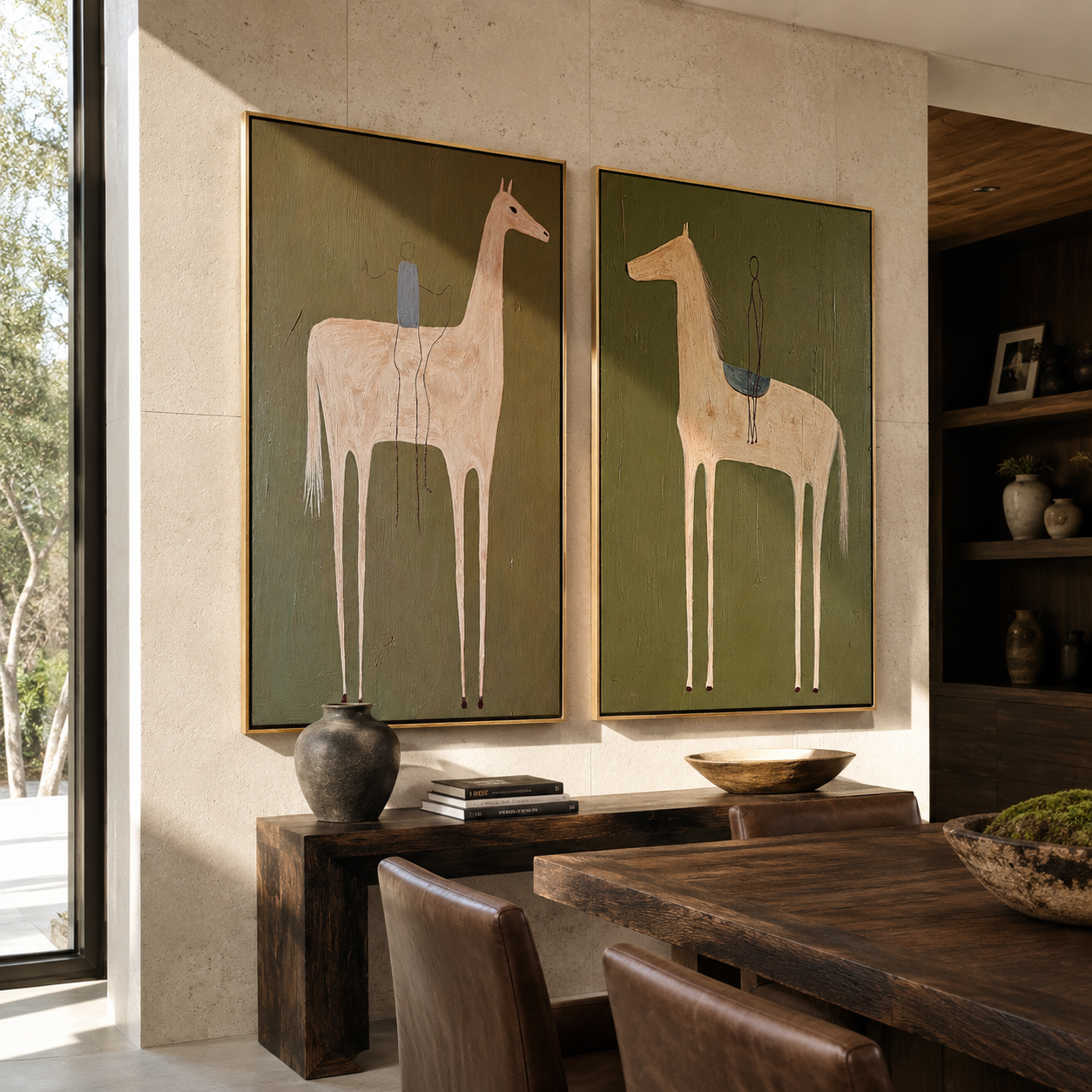 Pale Horses Carry Threads - threaded horse pair by Elliot Vale, modern figurative set of 2 wall art - styled room scene view 2