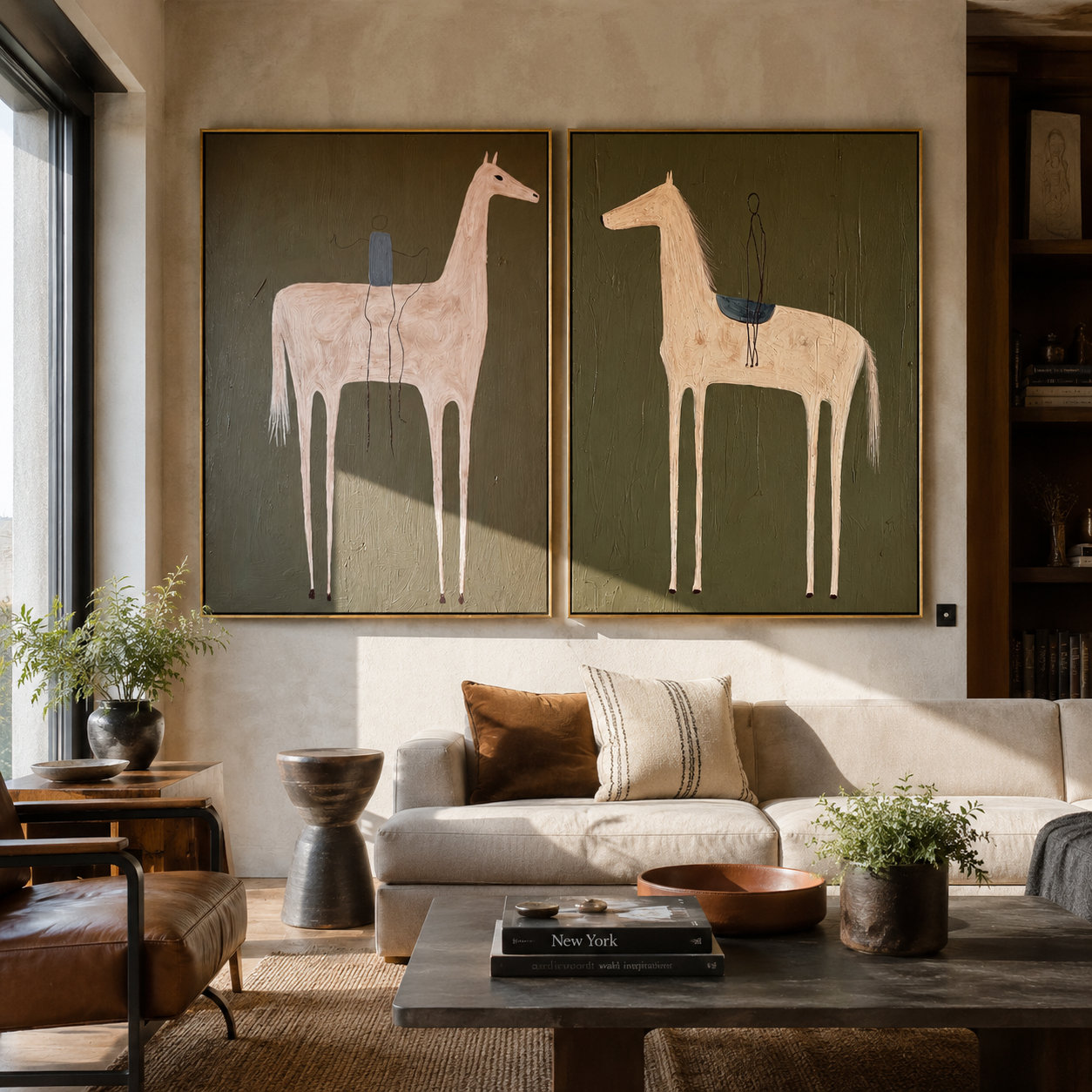 Pale Horses Carry Threads - threaded horse pair by Elliot Vale, modern figurative set of 2 wall art - styled room scene view 3