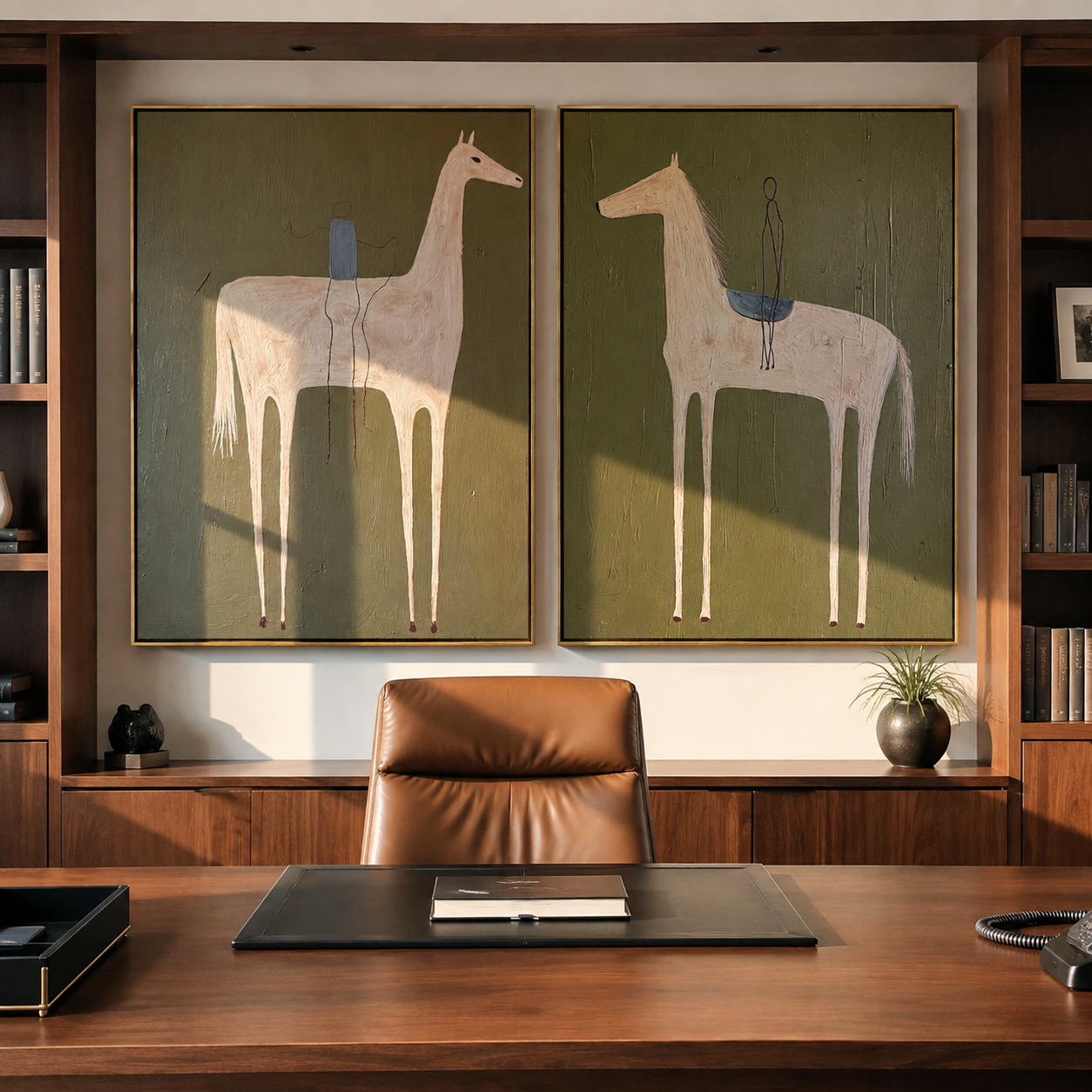 Pale Horses Carry Threads - threaded horse pair by Elliot Vale, modern figurative set of 2 wall art - styled room scene view 4