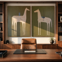 Pale Horses Carry Threads - threaded horse pair by Elliot Vale, modern figurative set of 2 wall art - styled room scene view 4