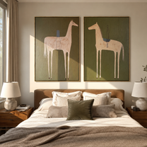 Pale Horses Carry Threads - threaded horse pair by Elliot Vale, modern figurative set of 2 wall art - styled room scene view 5
