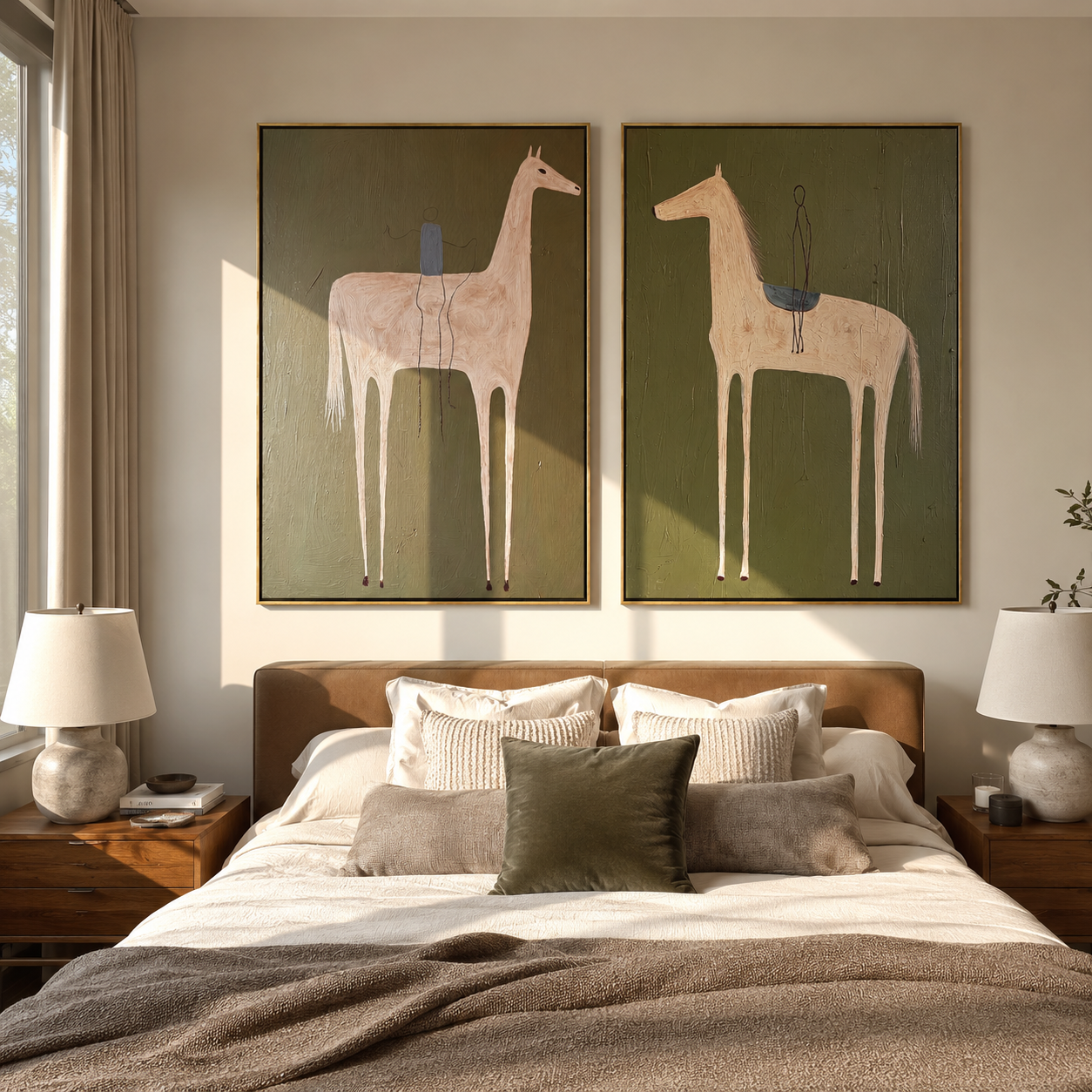 Pale Horses Carry Threads - threaded horse pair by Elliot Vale, modern figurative set of 2 wall art - styled room scene view 5