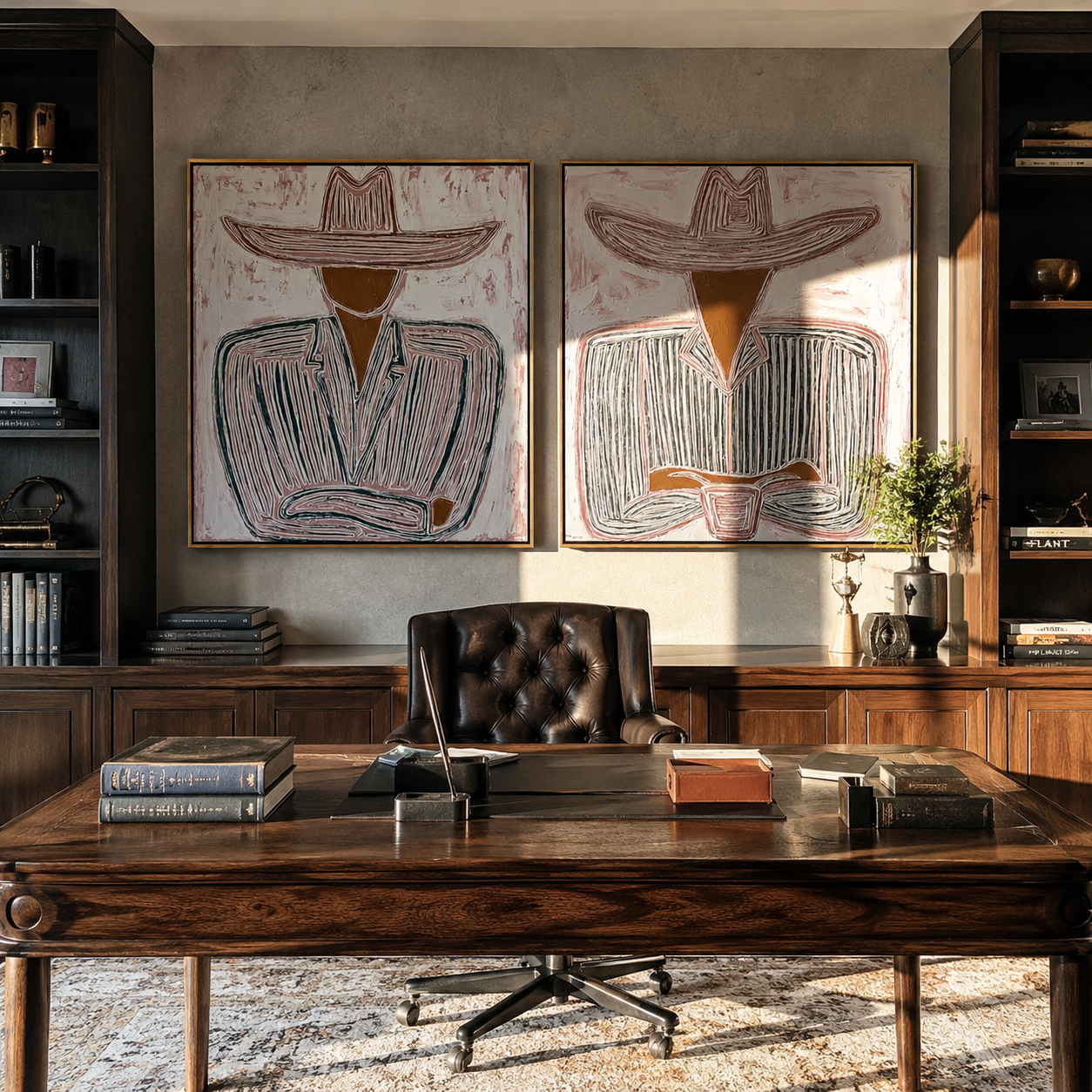 Cups Rest Beneath Brims - seated line art cowboys by Elliot Vale, modern figurative set of 2 wall art - styled room scene view 1