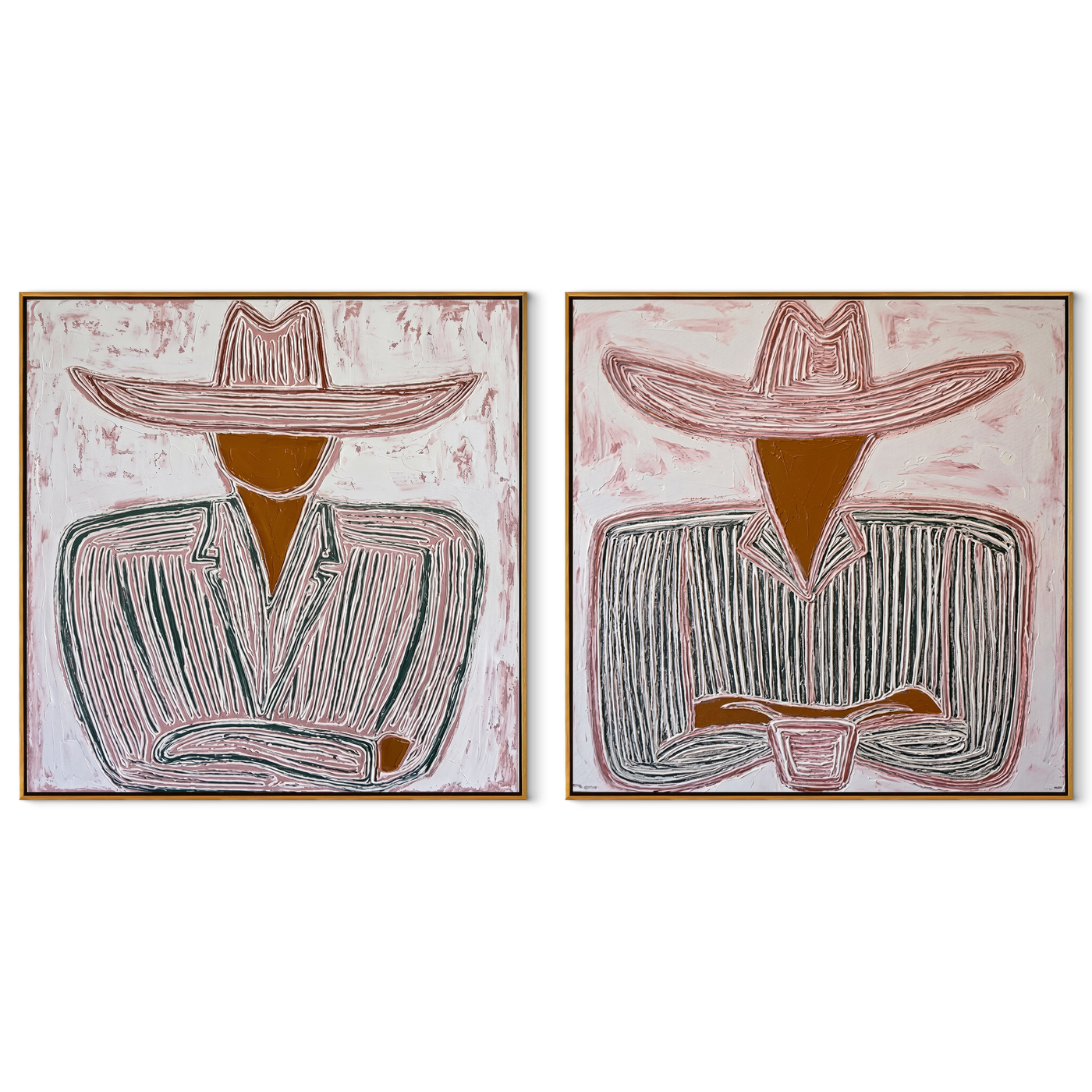 Cups Rest Beneath Brims - seated line art cowboys by Elliot Vale, modern figurative set of 2 wall art - complete two-panel artwork set on white background