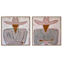 Cups Rest Beneath Brims - seated line art cowboys by Elliot Vale, modern figurative set of 2 wall art - complete two-panel artwork set on white background