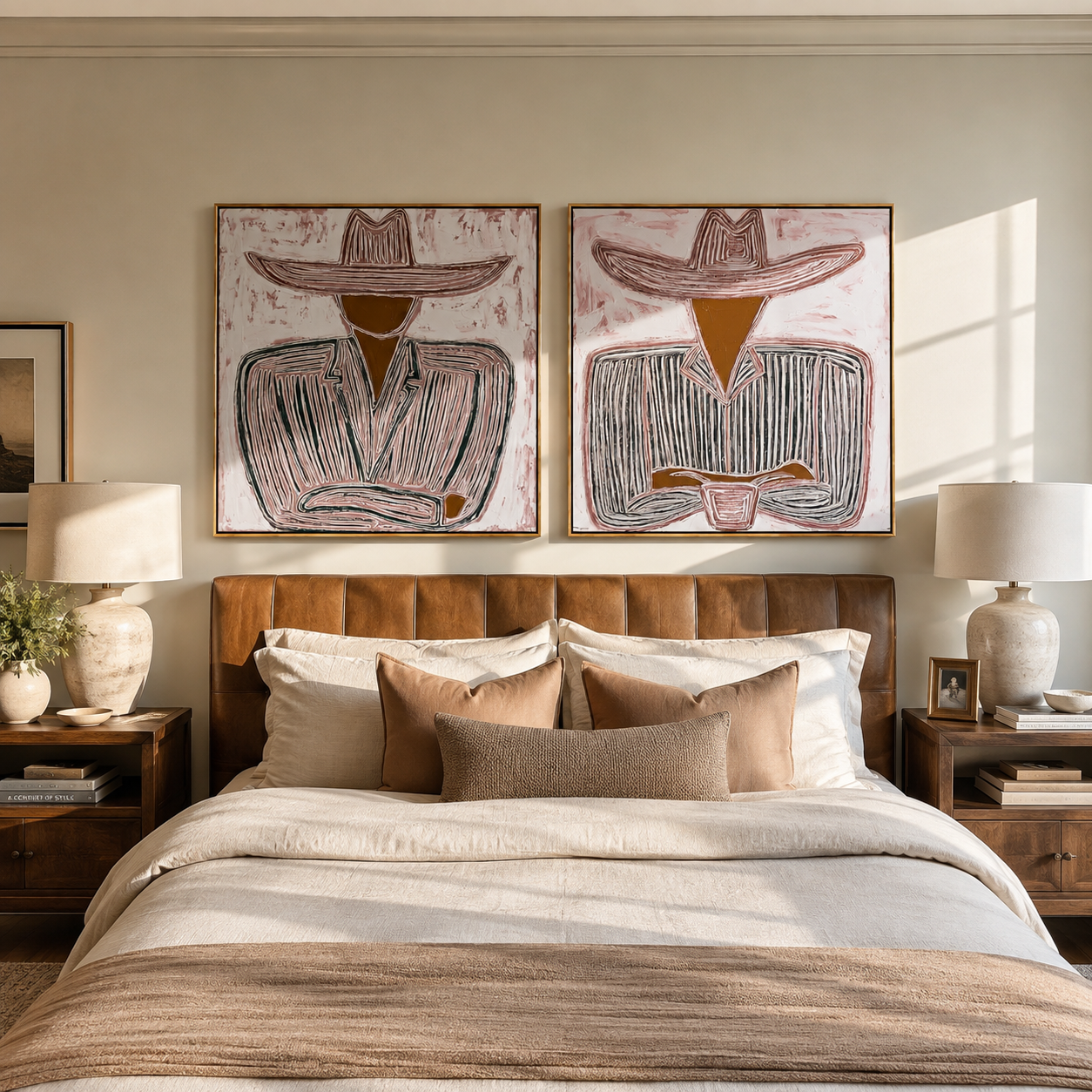 Cups Rest Beneath Brims - seated line art cowboys by Elliot Vale, modern figurative set of 2 wall art - styled room scene view 2