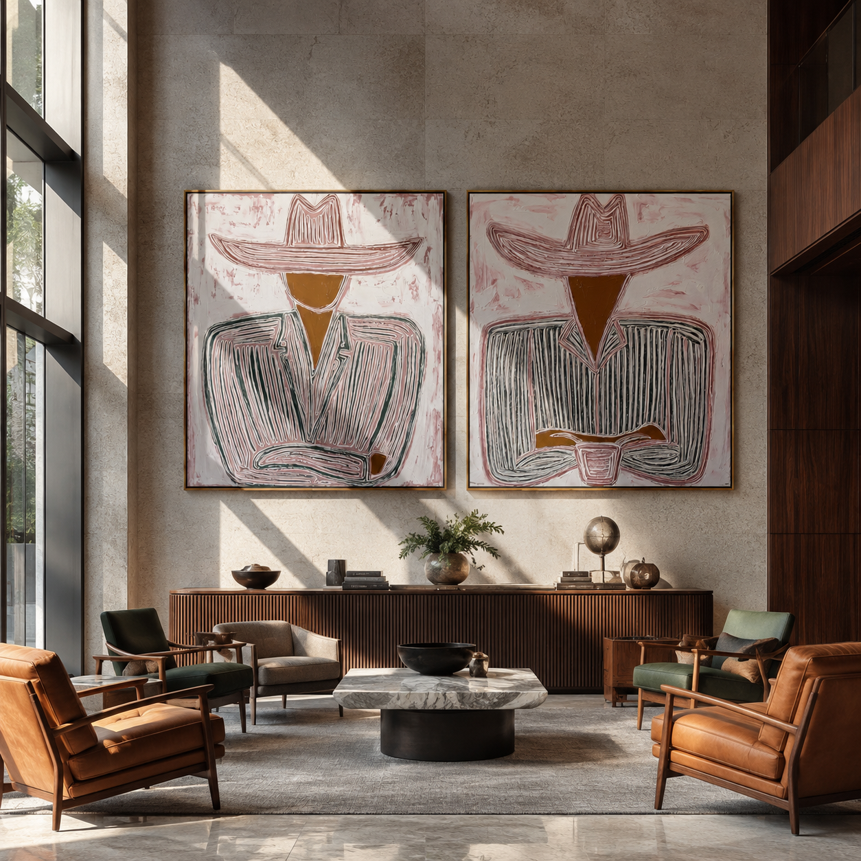 Cups Rest Beneath Brims - seated line art cowboys by Elliot Vale, modern figurative set of 2 wall art - styled room scene view 3