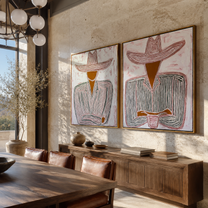 Cups Rest Beneath Brims - seated line art cowboys by Elliot Vale, modern figurative set of 2 wall art - styled room scene view 4