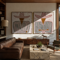 Cups Rest Beneath Brims - seated line art cowboys by Elliot Vale, modern figurative set of 2 wall art - styled room scene view 5