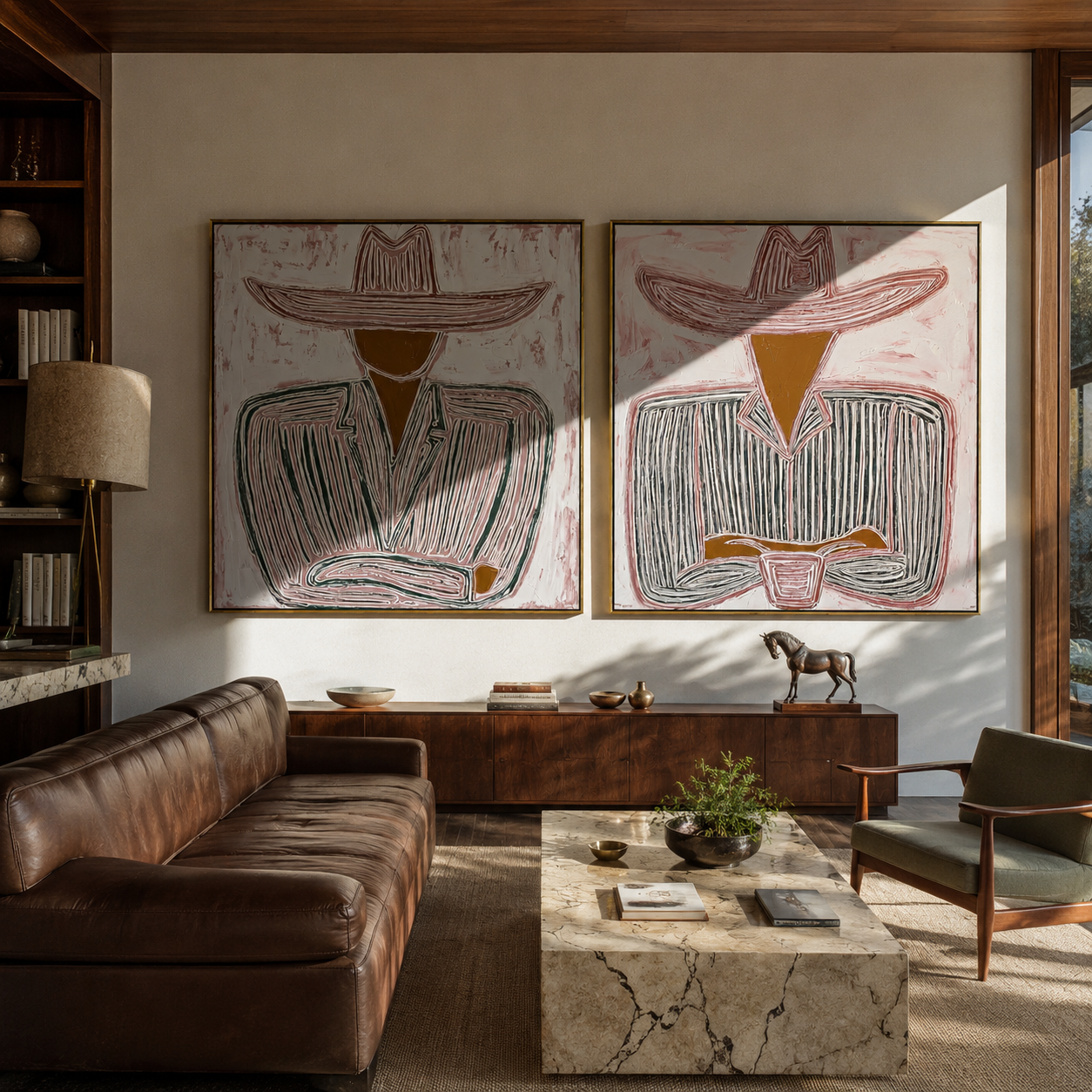 Cups Rest Beneath Brims - seated line art cowboys by Elliot Vale, modern figurative set of 2 wall art - styled room scene view 5