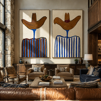 Brown Brims Crown Blue - striped cowboy pair by Elliot Vale, modern figurative set of 2 wall art - styled room scene view 1