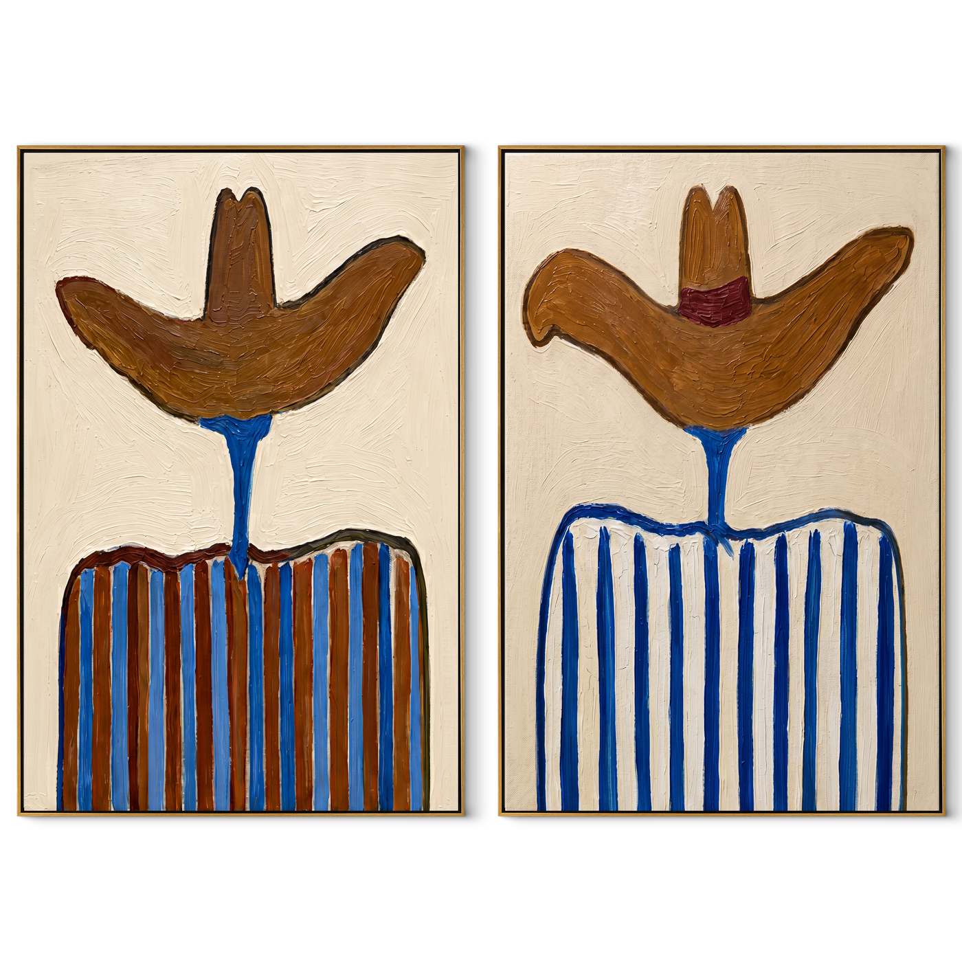 Brown Brims Crown Blue - striped cowboy pair by Elliot Vale, modern figurative set of 2 wall art - complete two-panel artwork set on white background