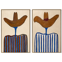 Brown Brims Crown Blue - striped cowboy pair by Elliot Vale, modern figurative set of 2 wall art - complete two-panel artwork set on white background