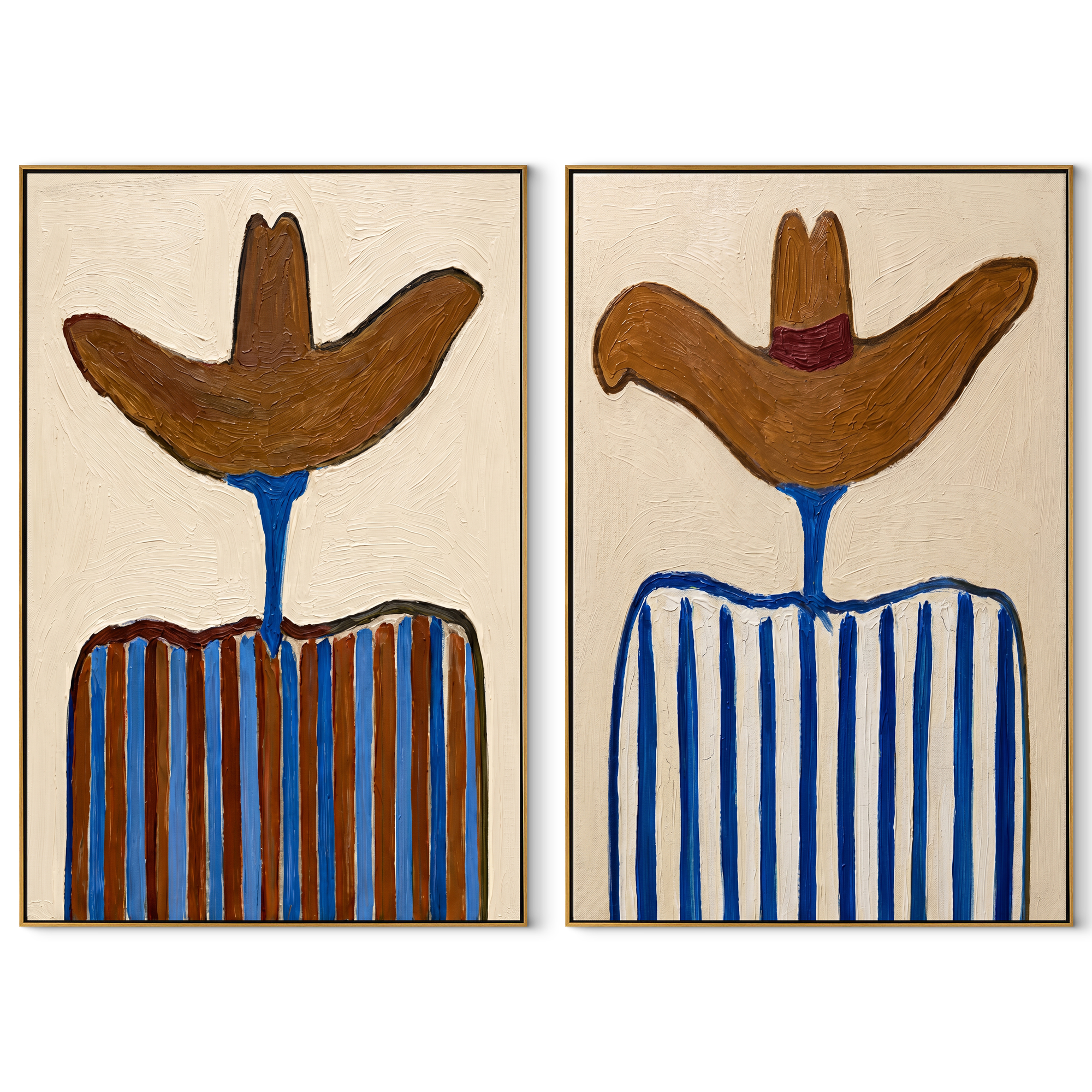 Brown Brims Crown Blue - striped cowboy pair by Elliot Vale, modern figurative set of 2 wall art - complete two-panel artwork set on white background