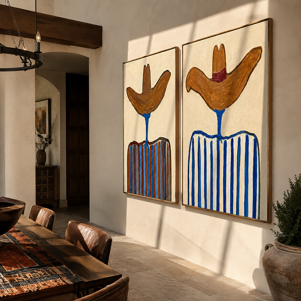 Brown Brims Crown Blue - striped cowboy pair by Elliot Vale, modern figurative set of 2 wall art - styled room scene view 2