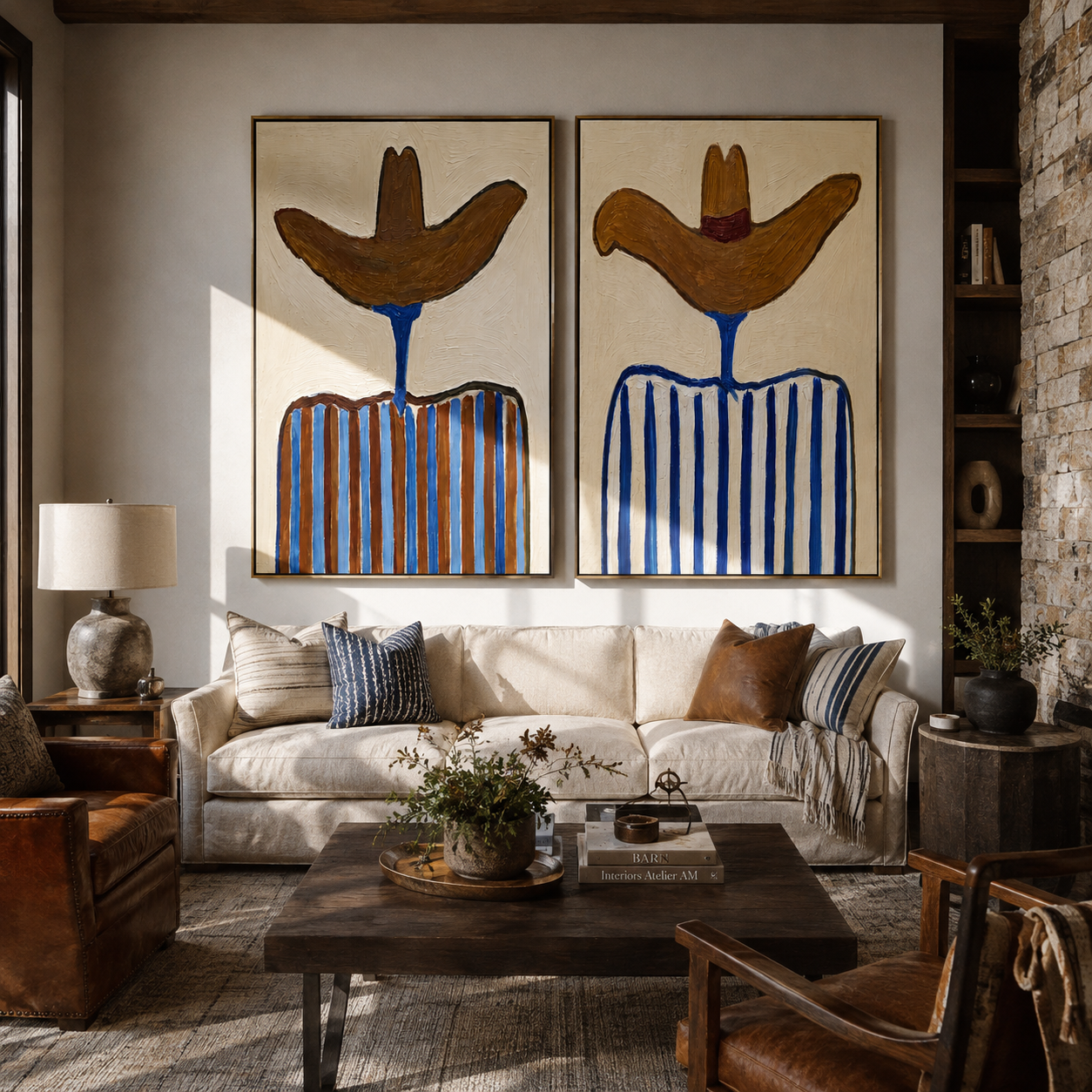 Brown Brims Crown Blue - striped cowboy pair by Elliot Vale, modern figurative set of 2 wall art - styled room scene view 3