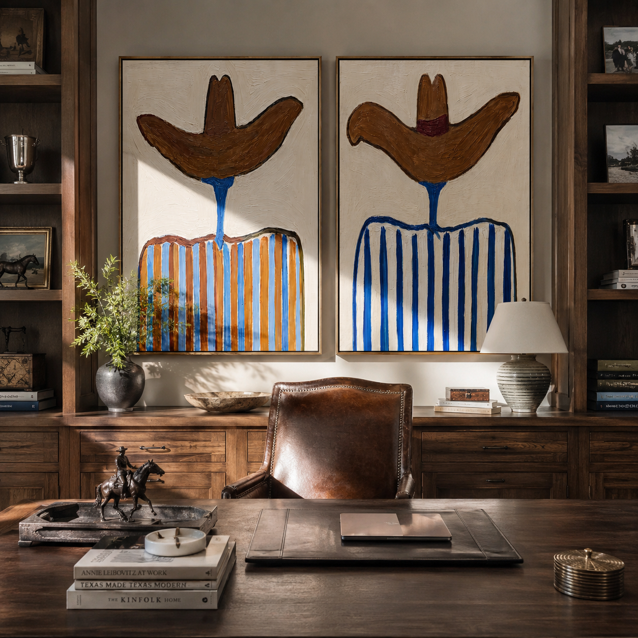 Brown Brims Crown Blue - striped cowboy pair by Elliot Vale, modern figurative set of 2 wall art - styled room scene view 4