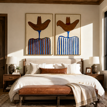 Brown Brims Crown Blue - striped cowboy pair by Elliot Vale, modern figurative set of 2 wall art - styled room scene view 5