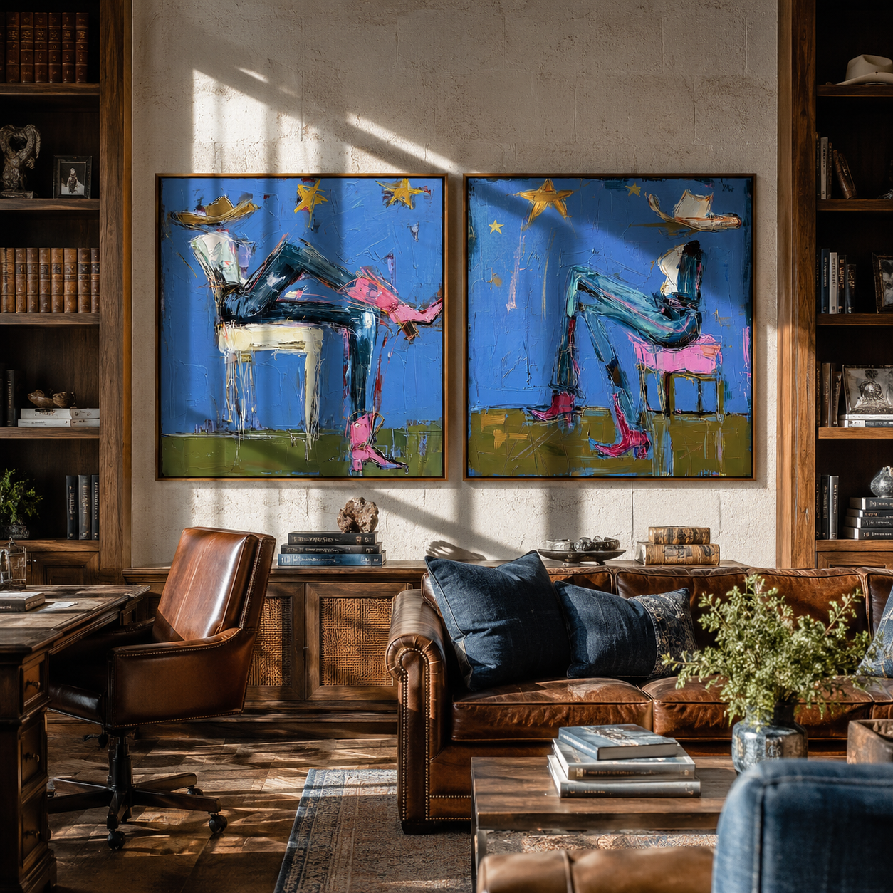 Blue Riders Trade Stars - whimsical blue riders by Elliot Vale, modern figurative set of 2 wall art - styled room scene view 1