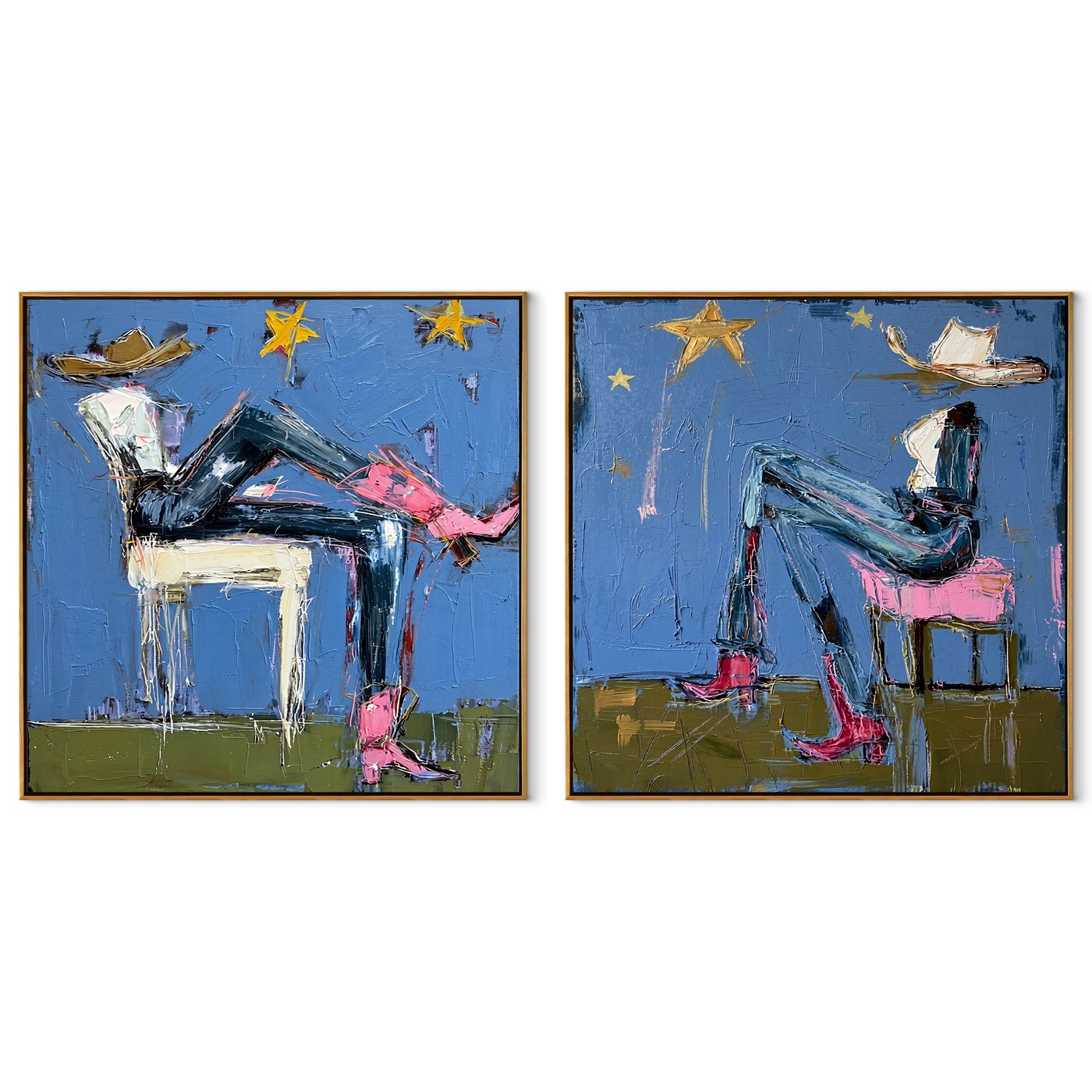 Blue Riders Trade Stars - whimsical blue riders by Elliot Vale, modern figurative set of 2 wall art - complete two-panel artwork set on white background