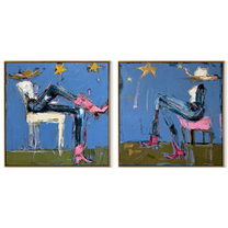 Blue Riders Trade Stars - whimsical blue riders by Elliot Vale, modern figurative set of 2 wall art - complete two-panel artwork set on white background
