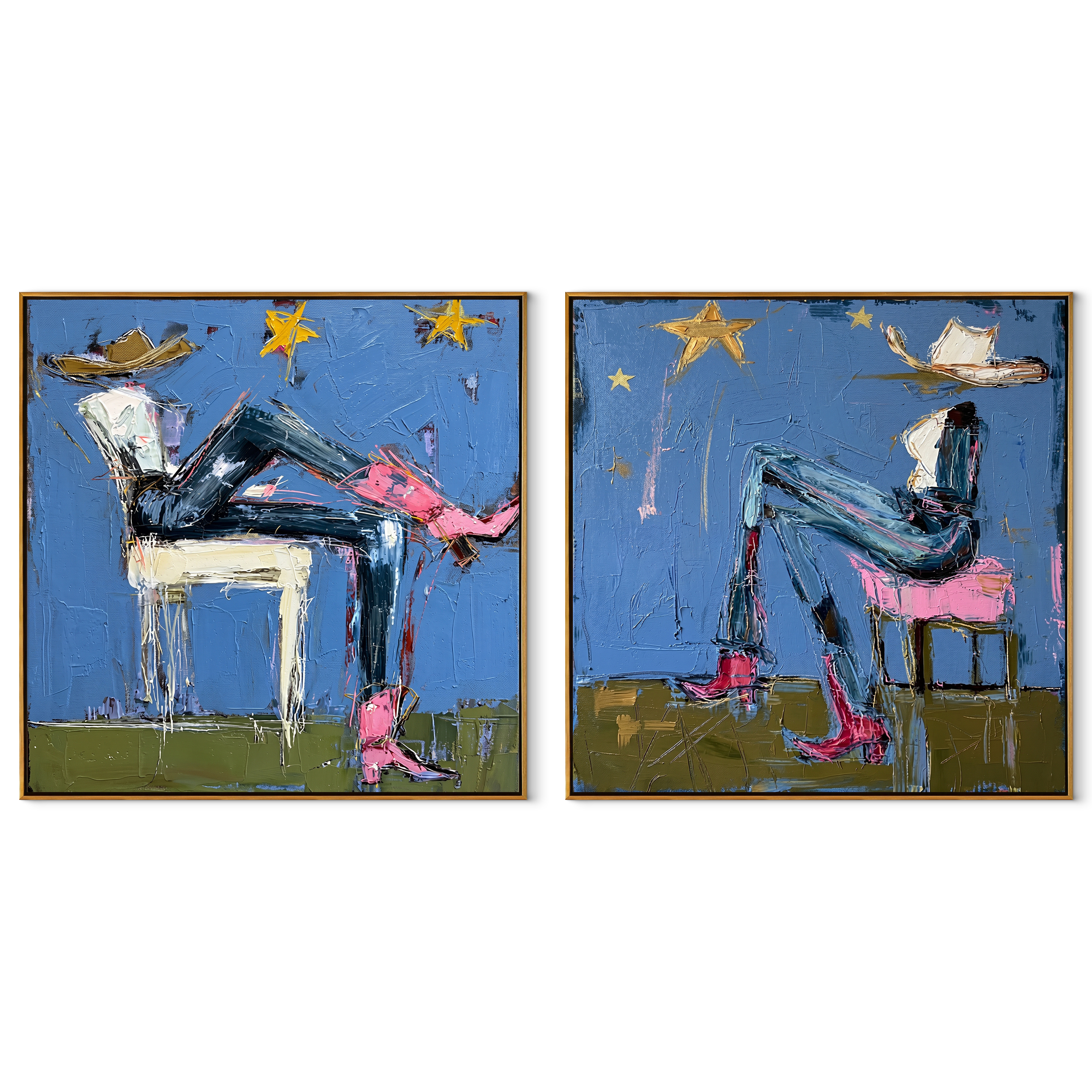Blue Riders Trade Stars - whimsical blue riders by Elliot Vale, modern figurative set of 2 wall art - complete two-panel artwork set on white background