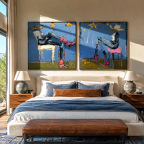 Blue Riders Trade Stars - whimsical blue riders by Elliot Vale, modern figurative set of 2 wall art - styled room scene view 2