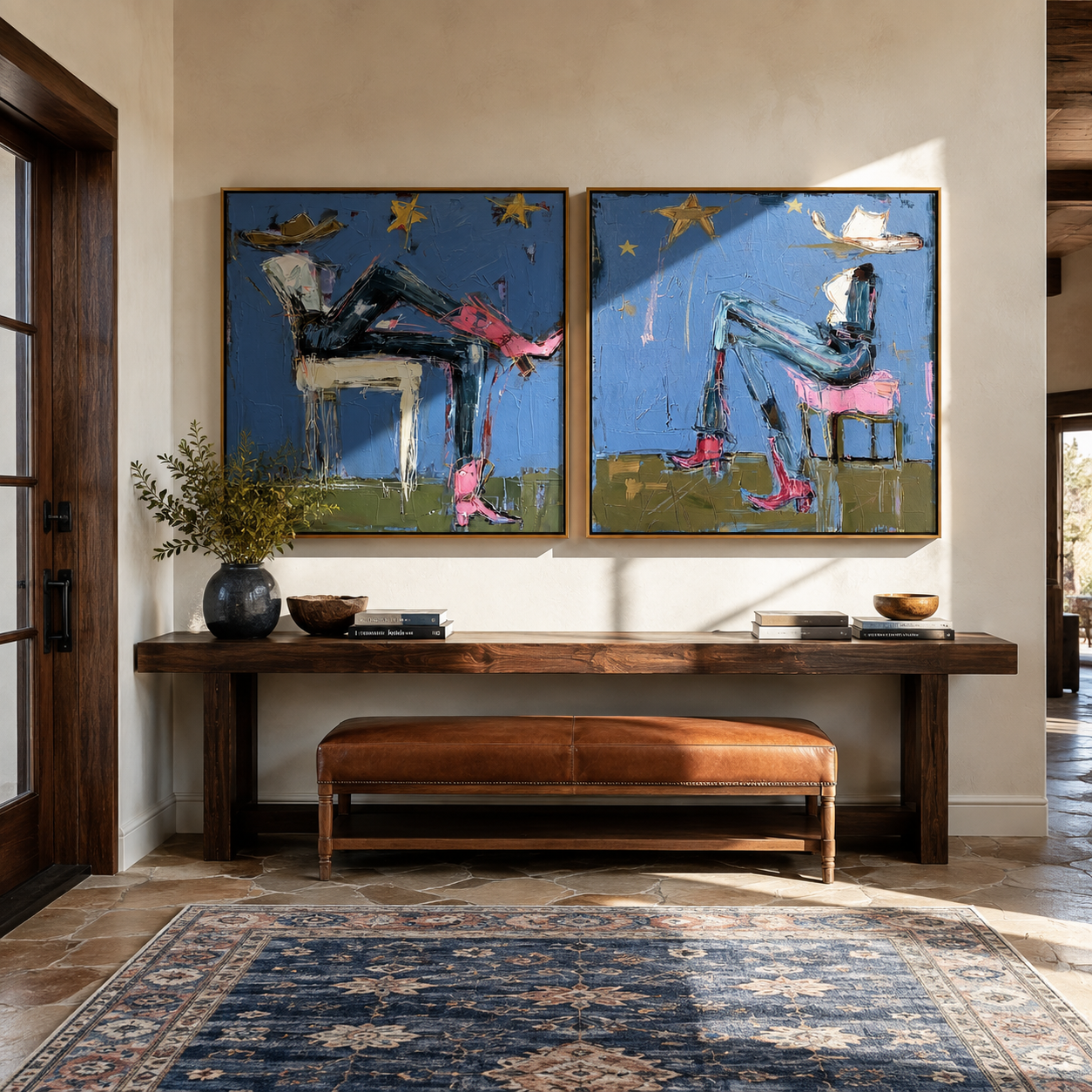 Blue Riders Trade Stars - whimsical blue riders by Elliot Vale, modern figurative set of 2 wall art - styled room scene view 3