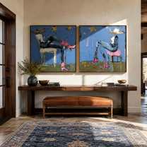 Blue Riders Trade Stars - whimsical blue riders by Elliot Vale, modern figurative set of 2 wall art - styled room scene view 3