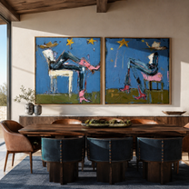 Blue Riders Trade Stars - whimsical blue riders by Elliot Vale, modern figurative set of 2 wall art - styled room scene view 4