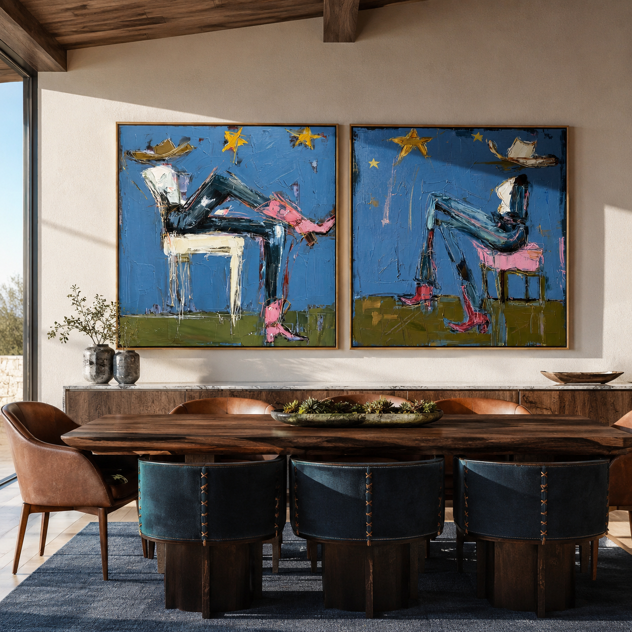 Blue Riders Trade Stars - whimsical blue riders by Elliot Vale, modern figurative set of 2 wall art - styled room scene view 4